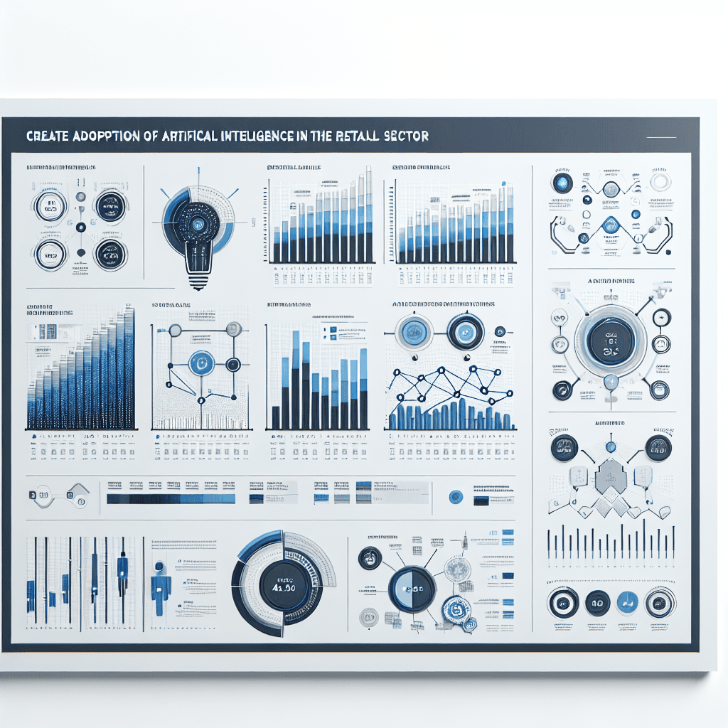 Визуализация на данни за приемане на AI в пазаруването с бяла основа и сини и сиви графики