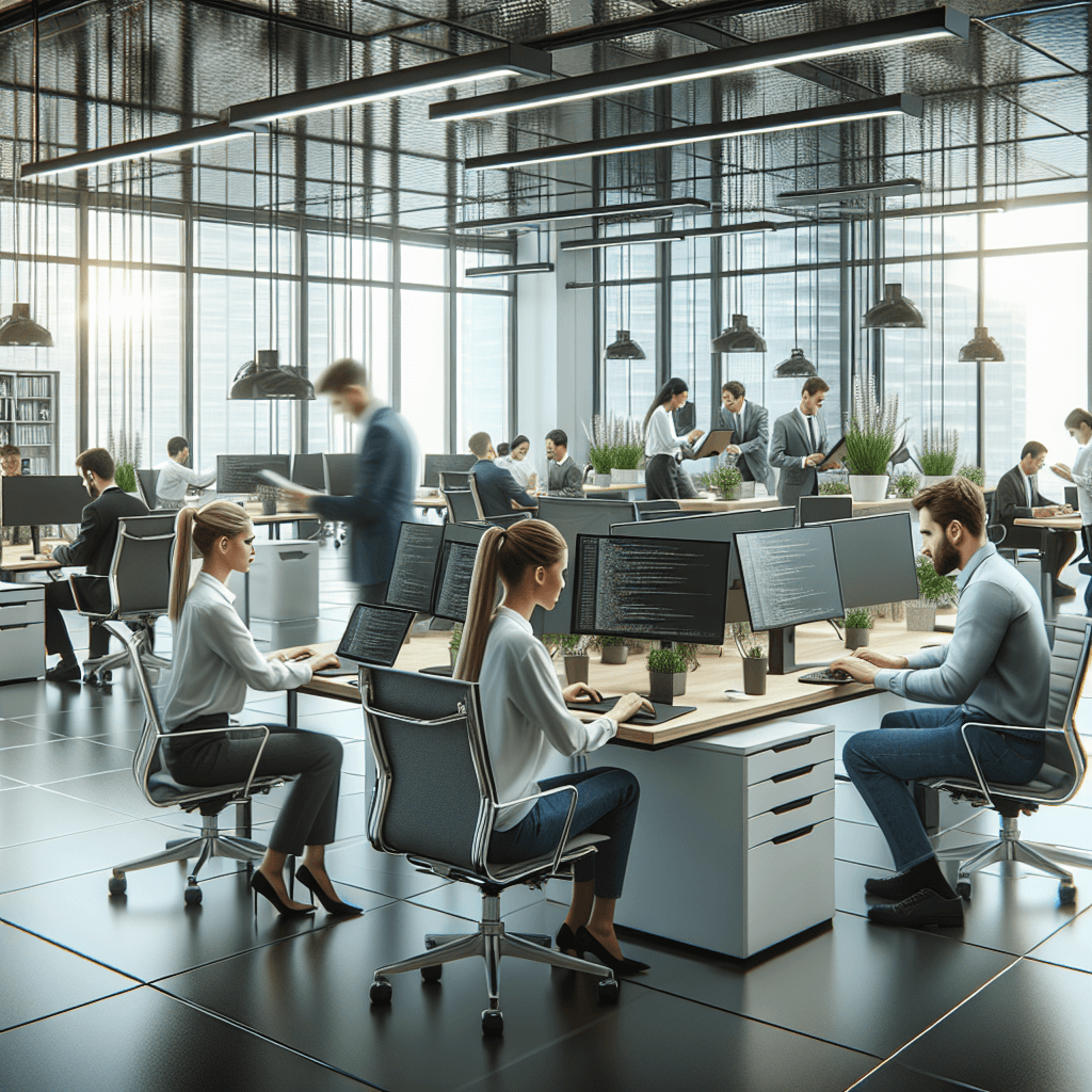 Професионална офис сцена с разработчици, работещи върху laptops в съвременно корпоративно пространство.
